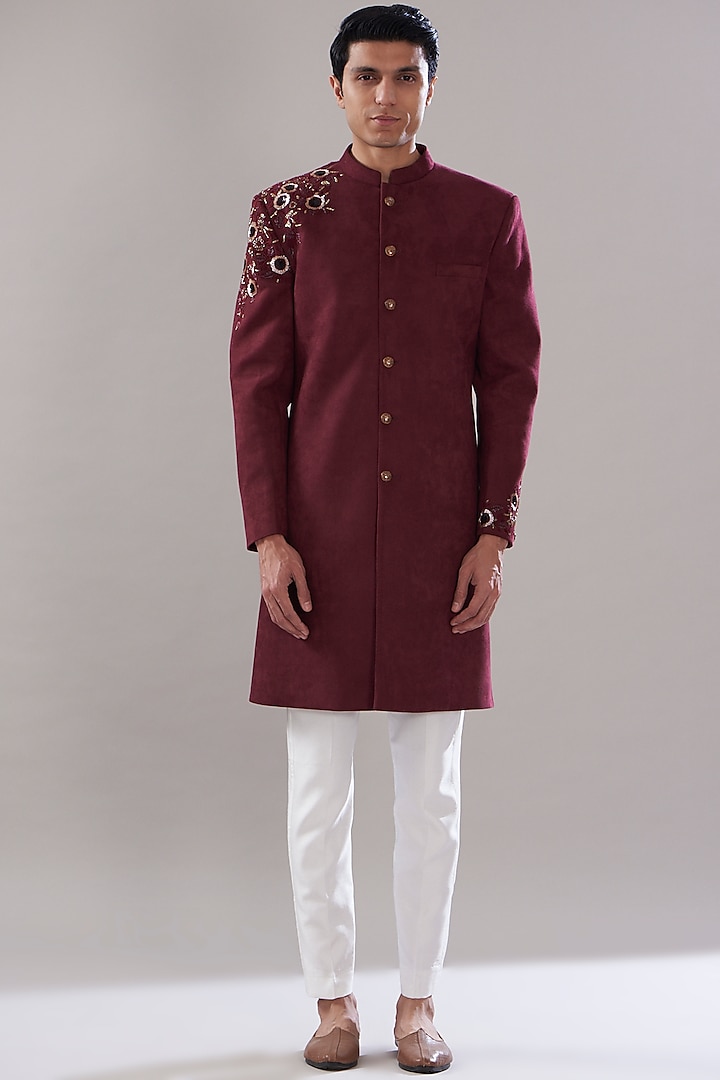 Wine Suede Embroidered Sherwani Set by SVEN SUITS