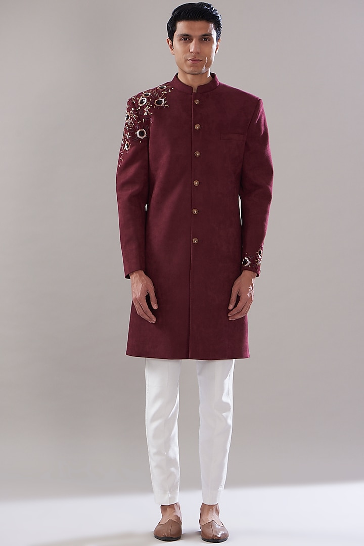 Wine Suede Cutdana Embroidered Wedding Sherwani Set 

 by SVEN SUITS at Pernia's Pop Up Shop