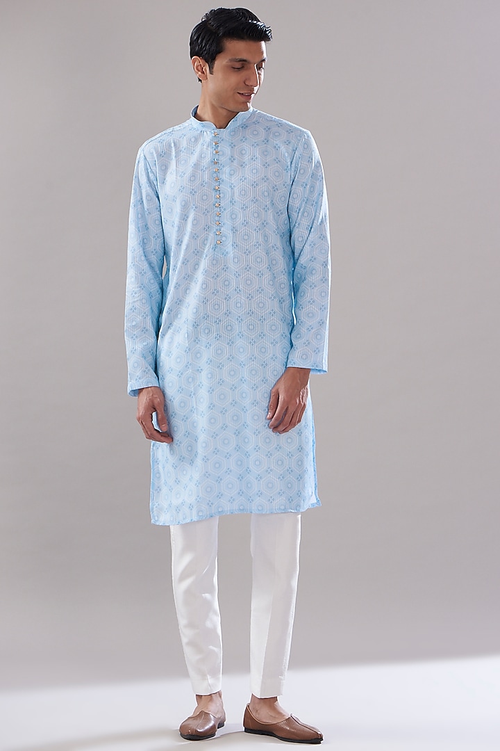 Sky Blue Rayon Silk Printed & Embroidered Kurta Set by SVEN SUITS