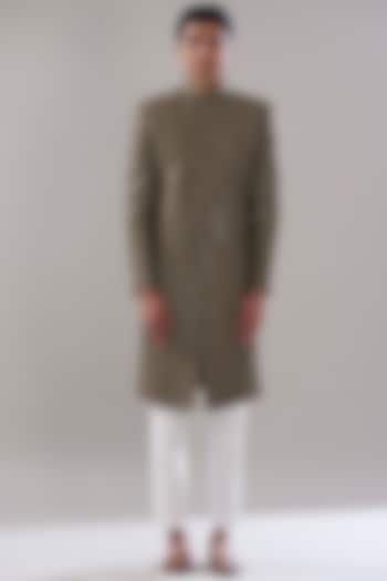 Olive Green Organic Silk Embroidered Wedding Sherwani Set by SVEN SUITS at Pernia's Pop Up Shop