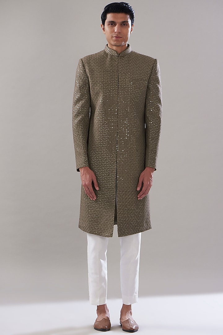 Olive Green Organic Silk Embroidered Wedding Sherwani Set by SVEN SUITS at Pernia's Pop Up Shop