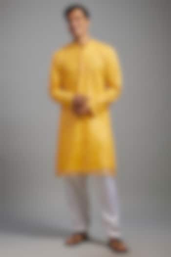 Yellow Net Sequins Embroidered Kurta Set by SVEN SUITS