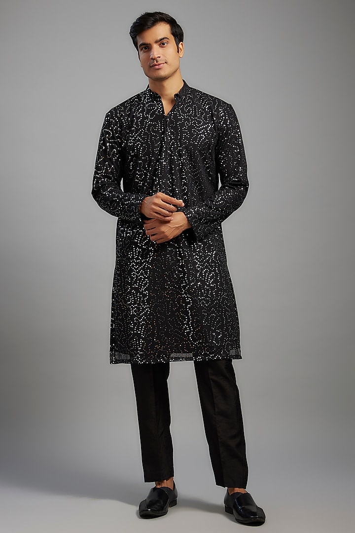 Black Net Sequins Embroidered Kurta Set by SVEN SUITS