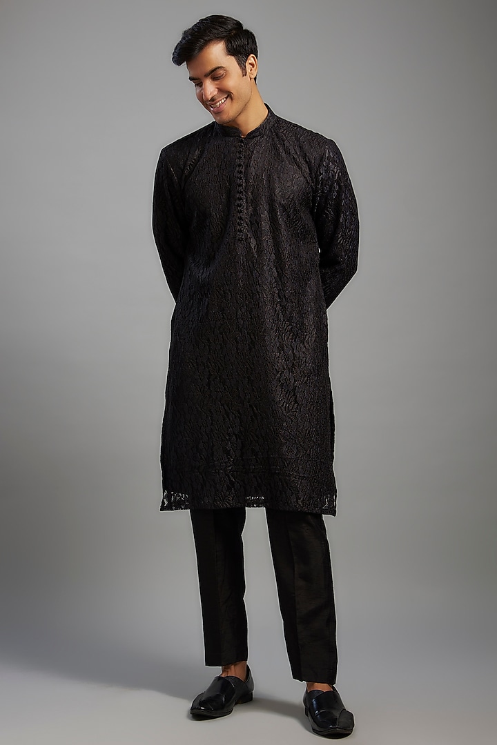 Black Lace Kurta Set by SVEN SUITS at Pernia's Pop Up Shop