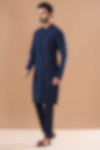 Teal Navy Faux Silk Kurta Set by SVEN SUITS at Pernia's Pop Up Shop