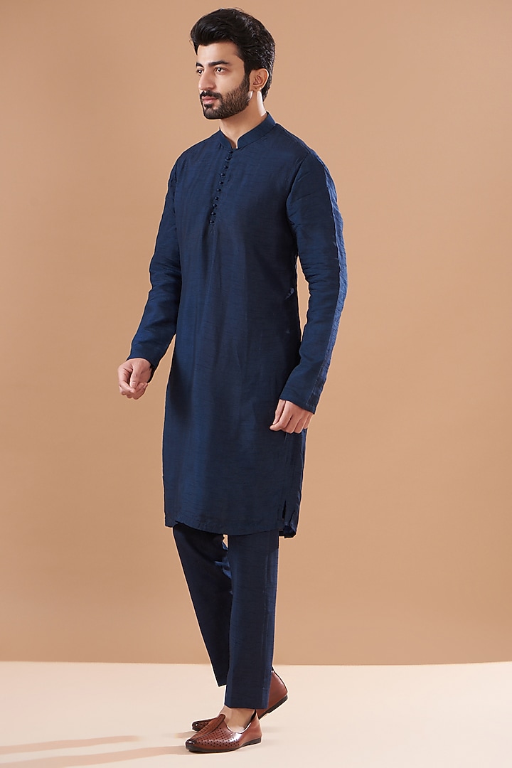 Teal Navy Faux Silk Kurta Set by SVEN SUITS at Pernia's Pop Up Shop