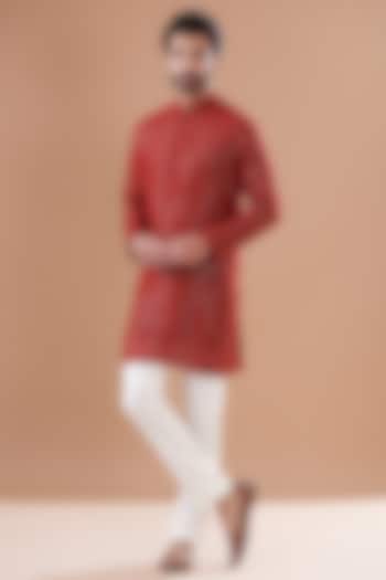 Red Georgette Embroidered Kurta Set by SVEN SUITS