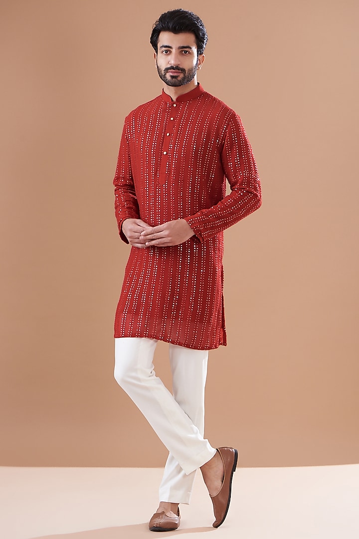 Red Georgette Embroidered Kurta Set by SVEN SUITS