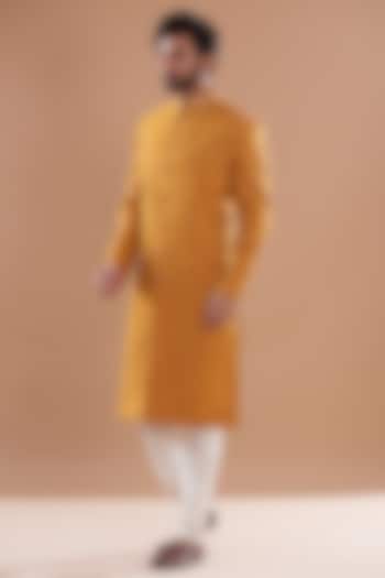 Mustard Silk Hand Embroidered Wedding Sherwani Set by SVEN SUITS at Pernia's Pop Up Shop