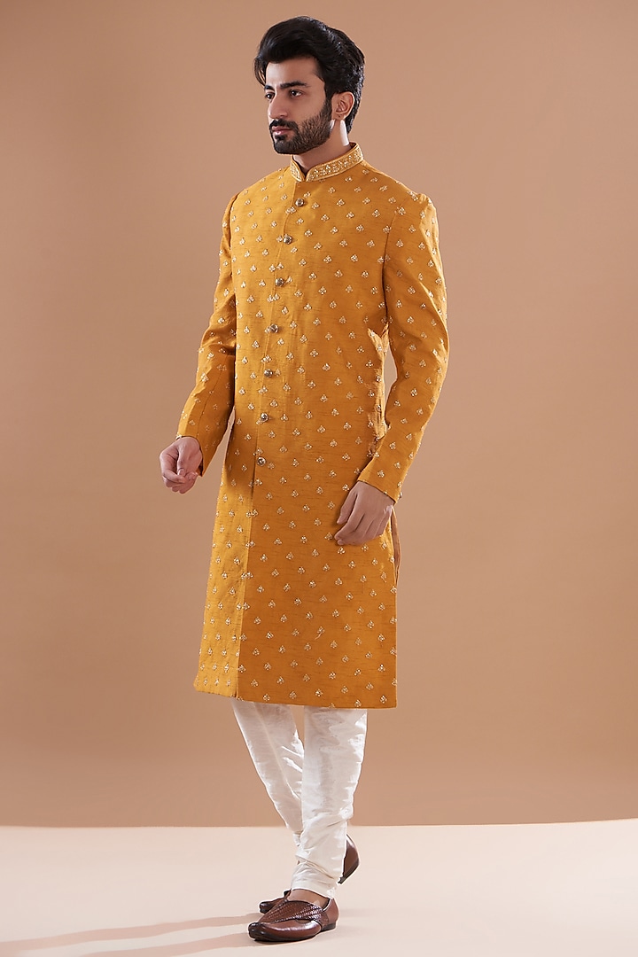 Mustard Silk Hand Embroidered Wedding Sherwani Set by SVEN SUITS at Pernia's Pop Up Shop