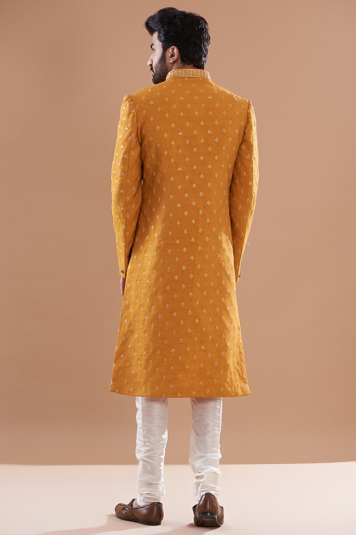 Mustard Silk Hand Embroidered Wedding Sherwani Set by SVEN SUITS at Pernia's Pop Up Shop