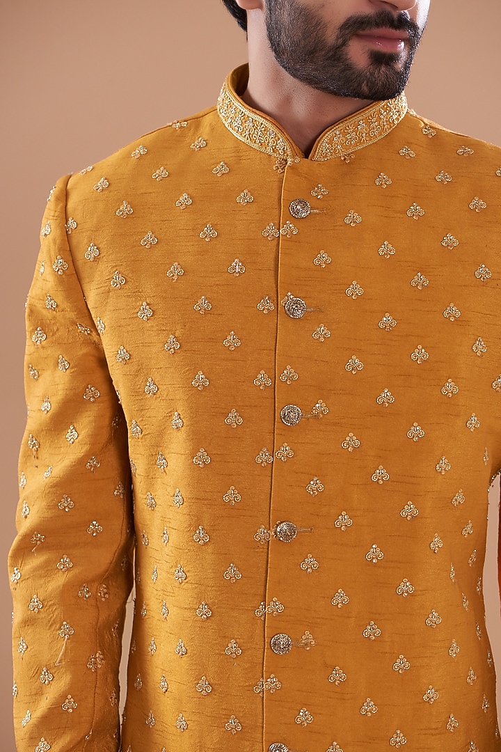 Mustard Silk Hand Embroidered Wedding Sherwani Set by SVEN SUITS at Pernia's Pop Up Shop