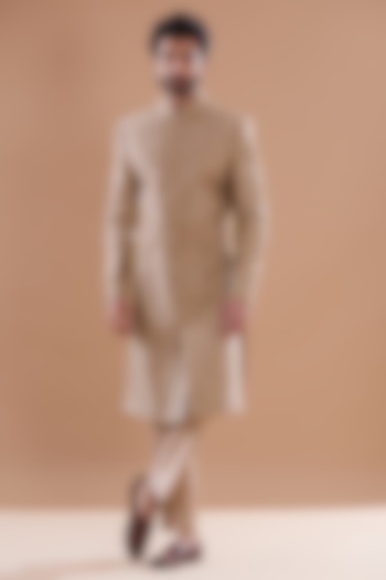 Beige Silk Hand Embroidered Wedding Sherwani Set by SVEN SUITS at Pernia's Pop Up Shop