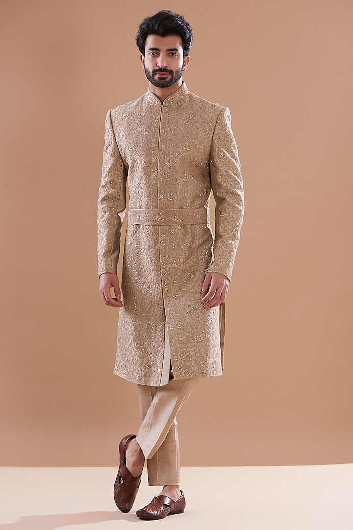 Beige Silk Hand Embroidered Wedding Sherwani Set by SVEN SUITS at Pernia's Pop Up Shop