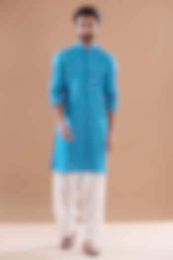 Turquoise Silk Embroidered Kurta Set by SVEN SUITS