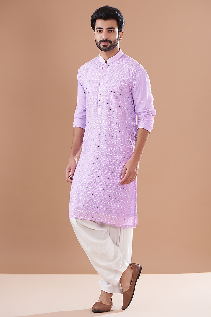 Lilac Georgette Embroidered Kurta Set by SVEN SUITS