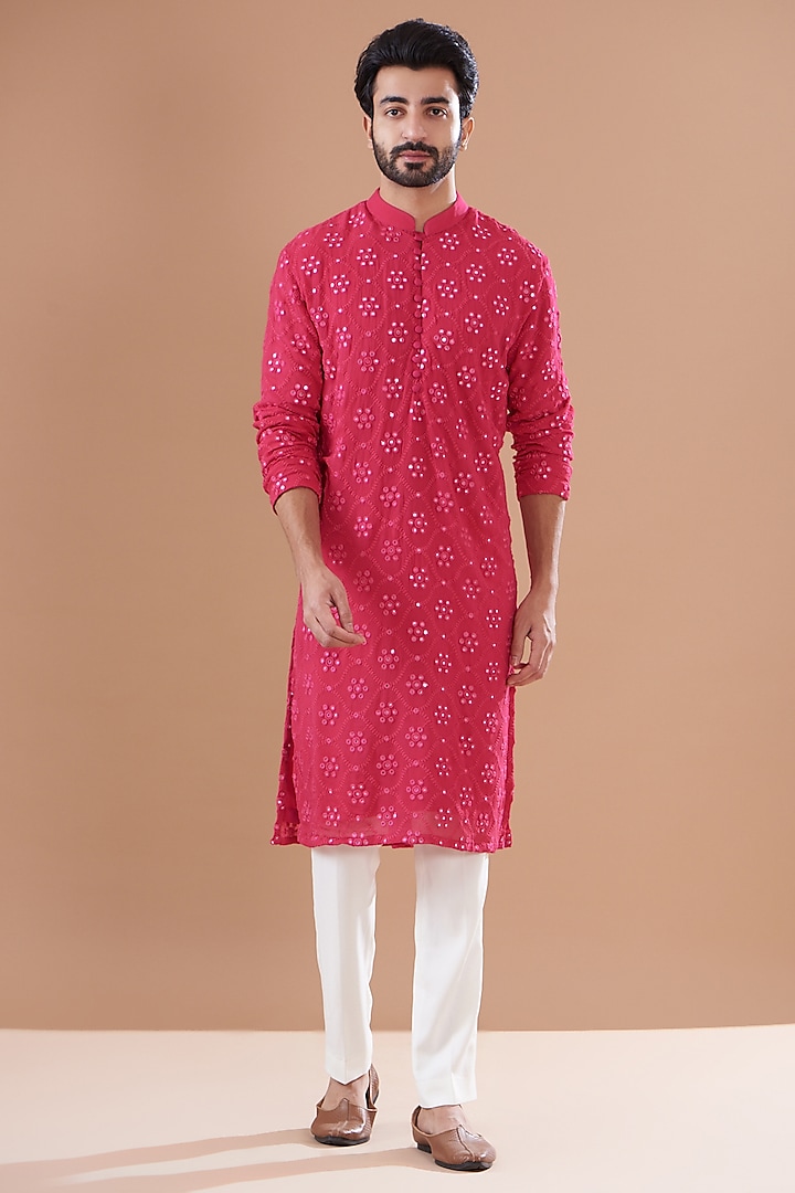 Strawberry Pink Georgette Embroidered Kurta Set by SVEN SUITS