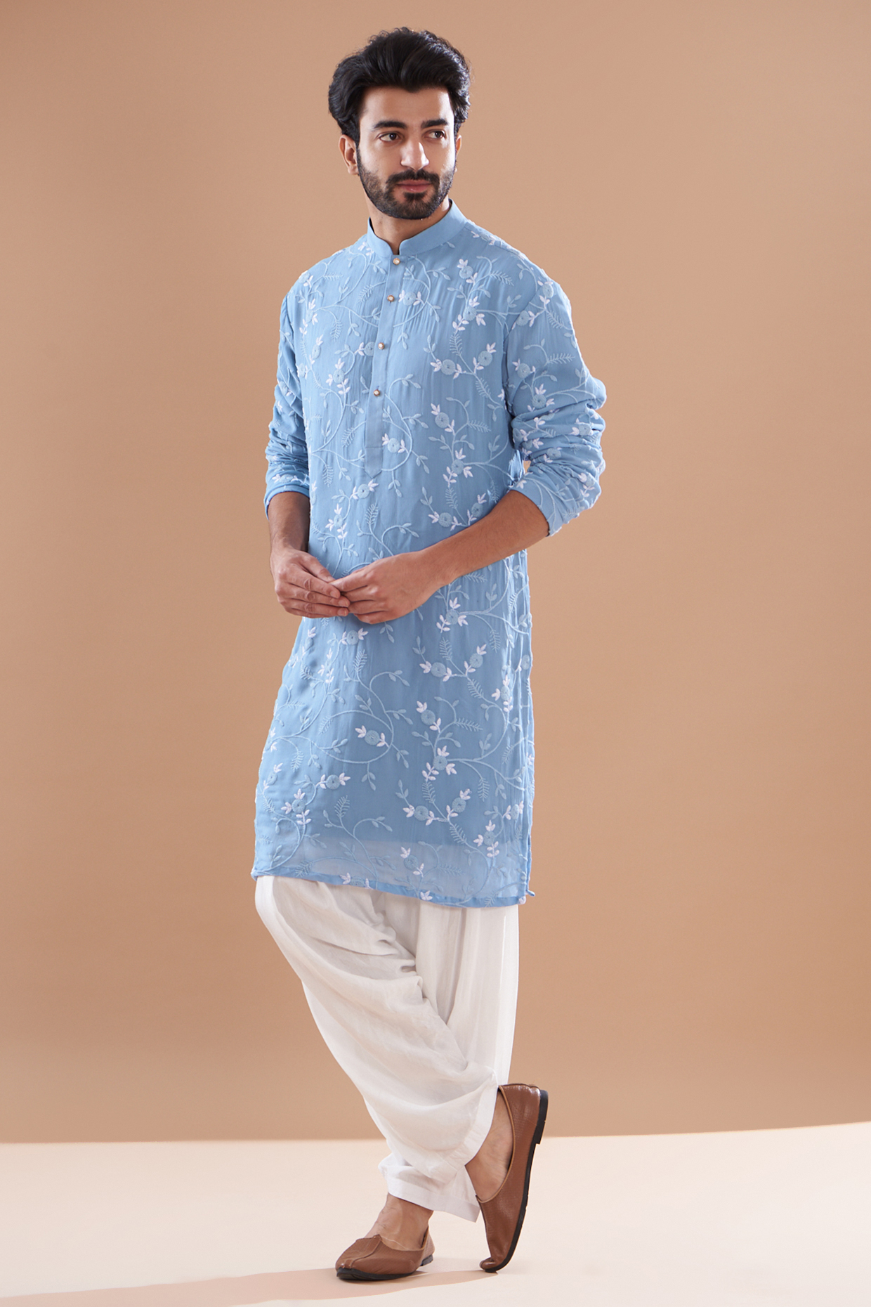 Celestial Blue Georgette Embroidered Kurta Set by SVEN SUITS