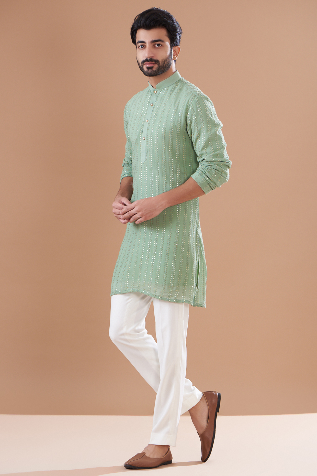 Sage Green Georgette Embroidered Kurta Set by SVEN SUITS at Pernia's Pop Up Shop