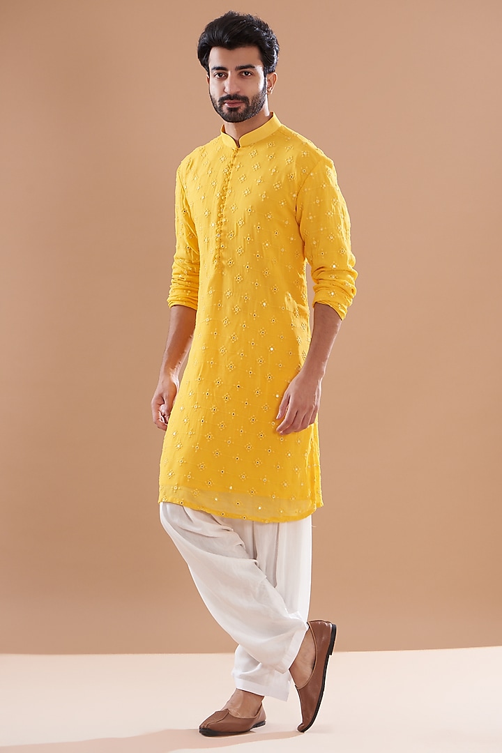 Yellow Georgette Embroidered Kurta Set by SVEN SUITS