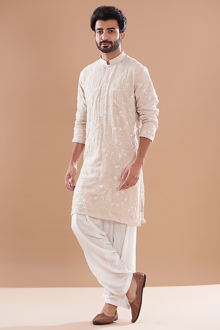 Pale Ivory Georgette Embroidered Kurta Set by SVEN SUITS at Pernia's Pop Up Shop