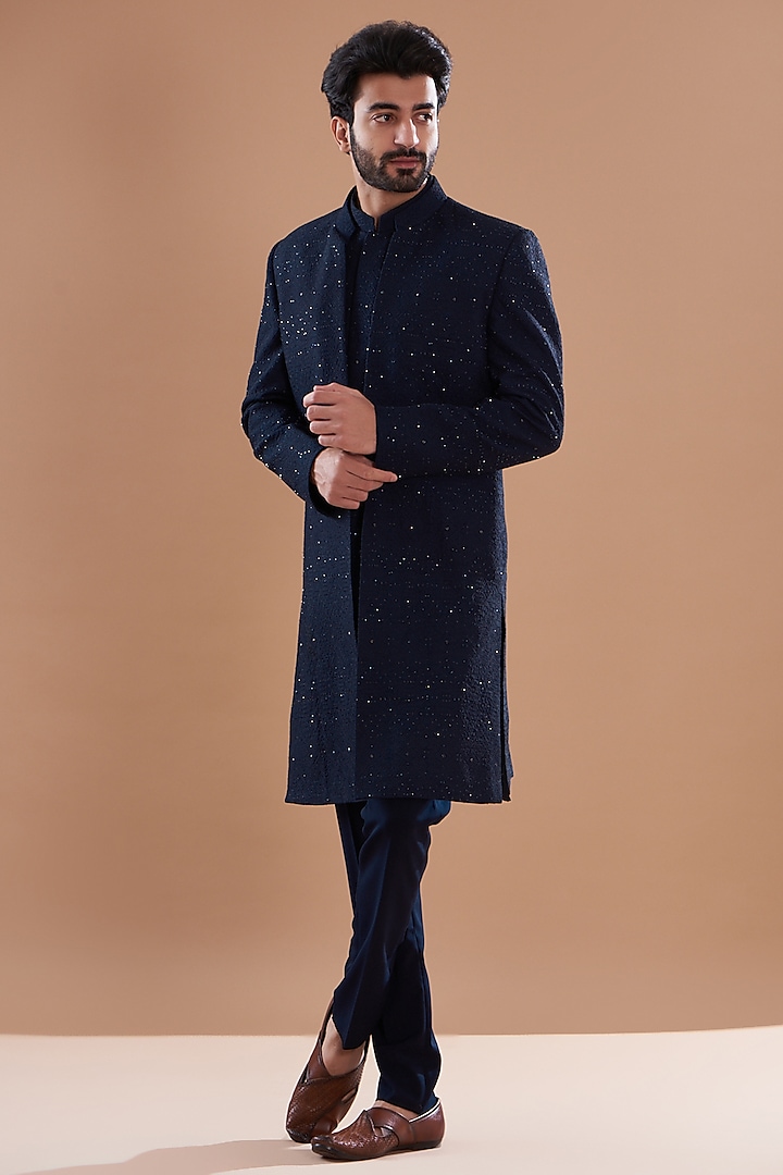Navy Blue Silk Embroidered Indowestern Set by SVEN SUITS