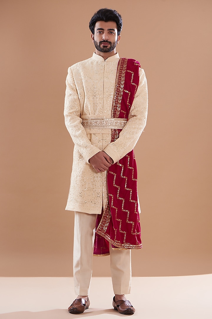 Ivory Georgette & Silk Embroidered Sherwani Set by SVEN SUITS