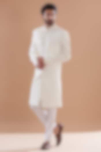 White Japanese Stretch Polyester Embroidered Sherwani Set by SVEN SUITS