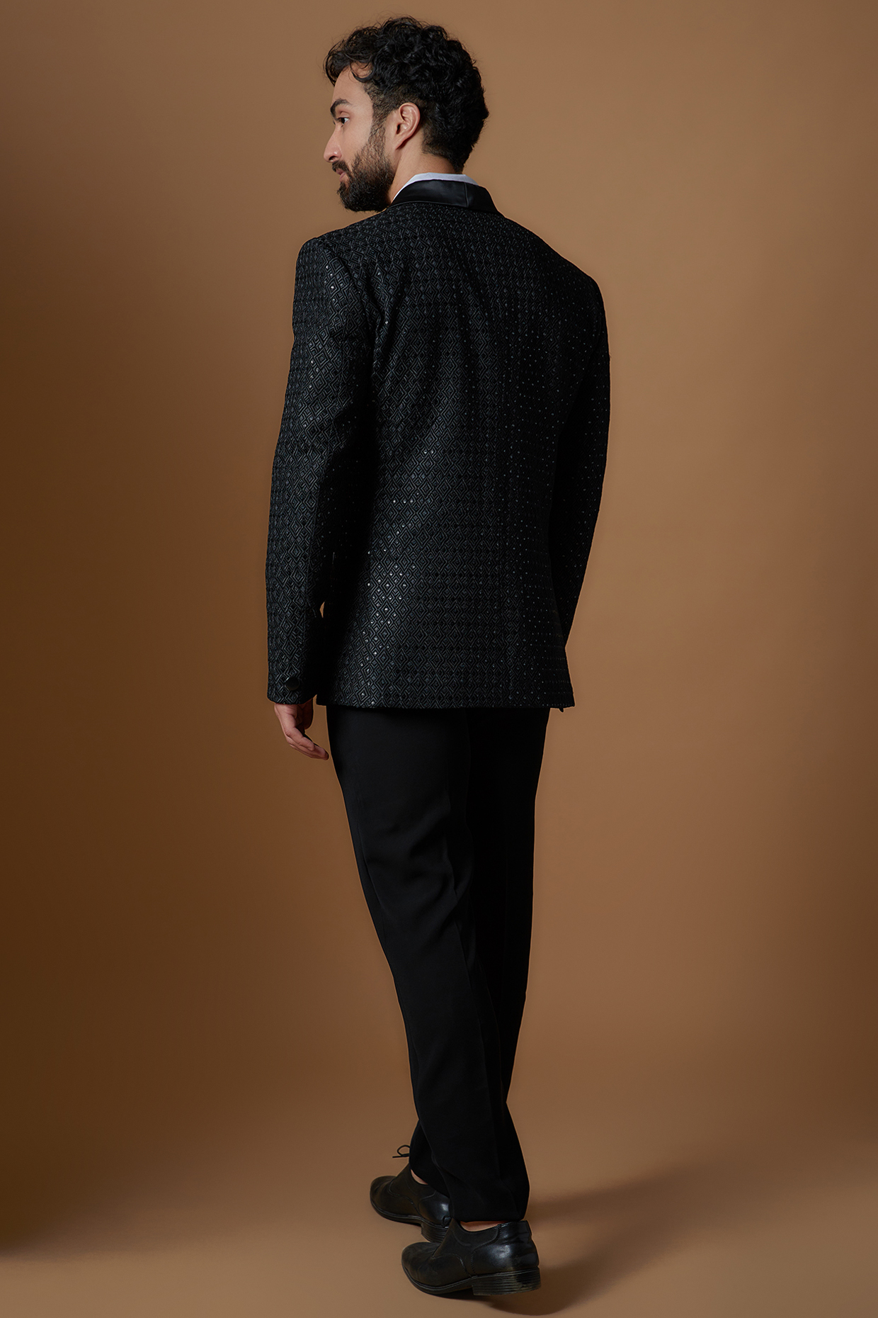 Black Japanese Four Way Stretch Embroidered Tuxedo Set by