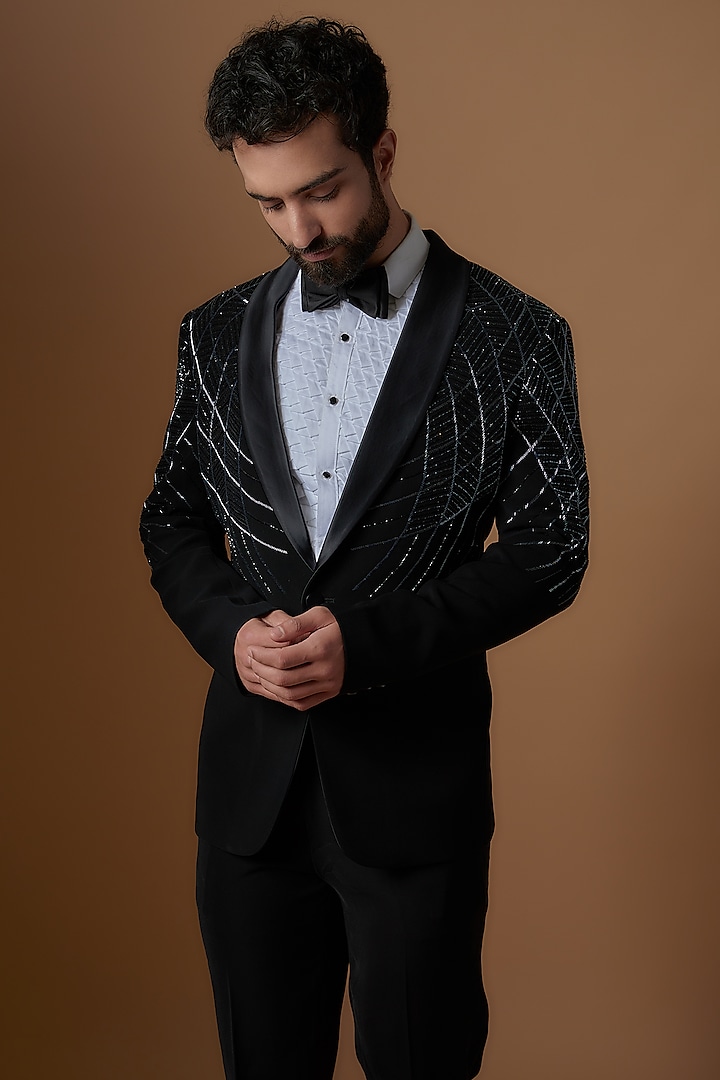 Buy SVEN SUITS Black Japanese Four Way Stretch Hand Embroidered Tuxedo