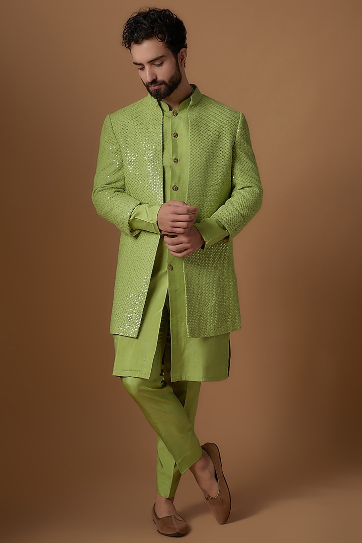 Lime Green Silk Mirror Embroidered Open Indowestern Set by SVEN SUITS