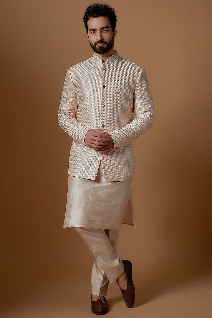 Gold Silk Embroidered Bandhgala Set by SVEN SUITS