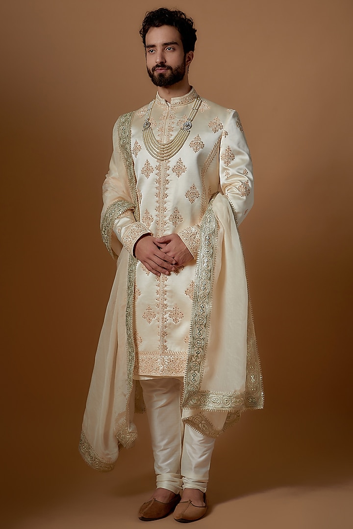 Gold Japanese Four Way Stretch Hand Embroidered Sherwani Set by SVEN SUITS