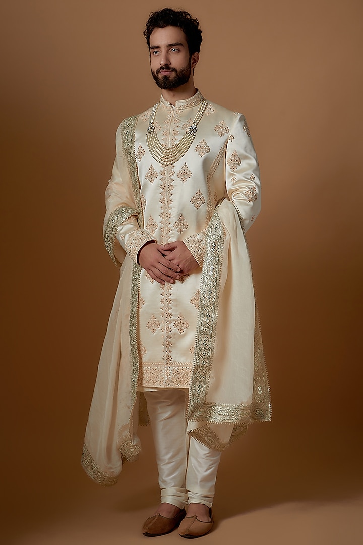 Gold Japanese Four Way Stretch Hand Embroidered Groom Sherwani Set by SVEN SUITS at Pernia's Pop Up Shop