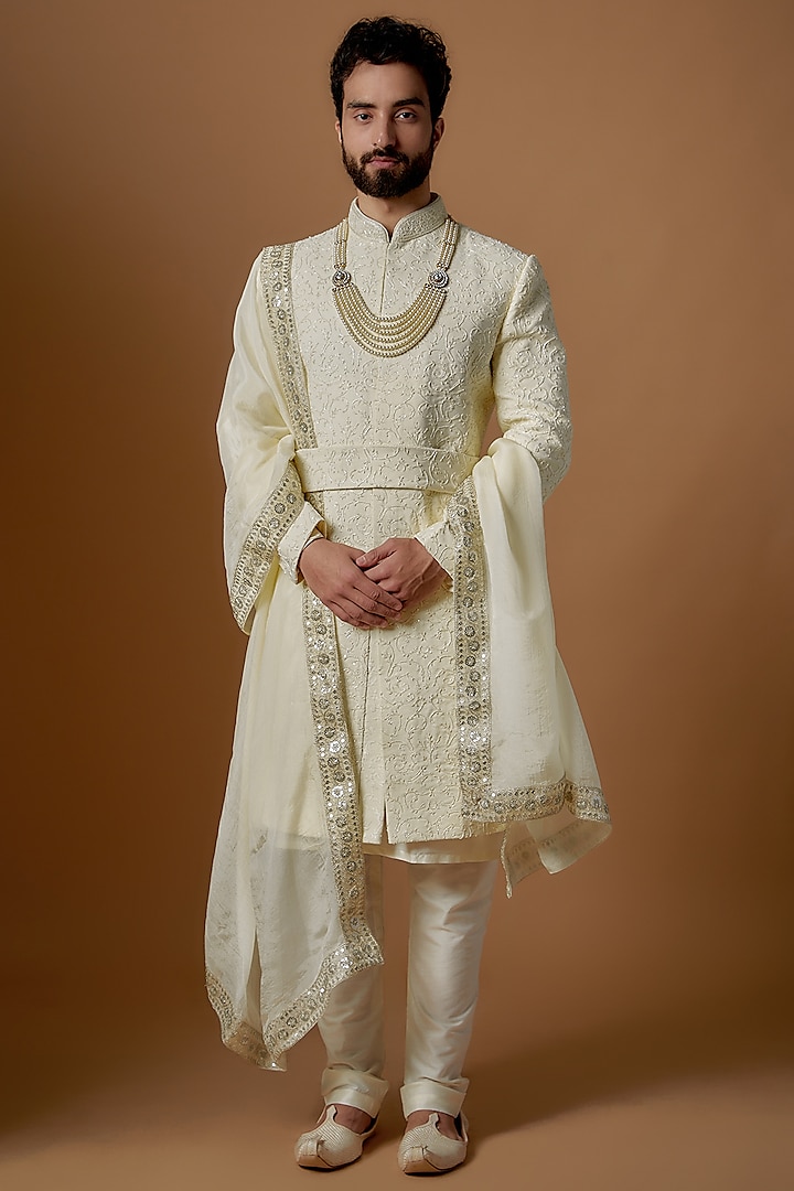 Ivory Silk Hand Embroidered Sherwani Set by SVEN SUITS