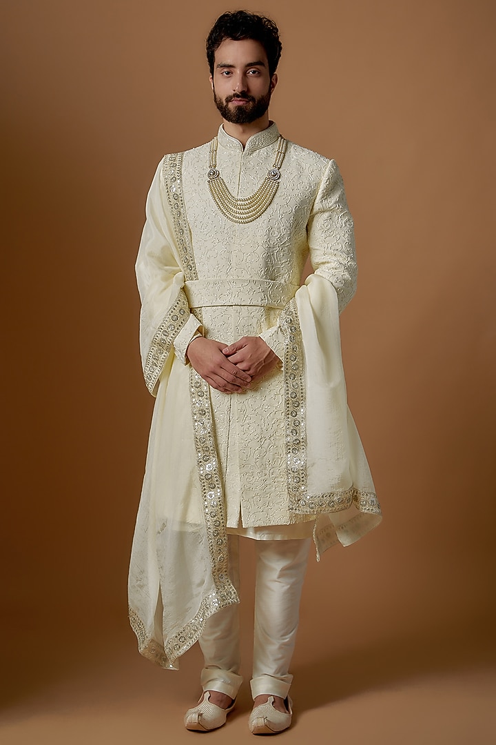 Ivory Silk Hand Embroidered Groom Sherwani Set by SVEN SUITS at Pernia's Pop Up Shop