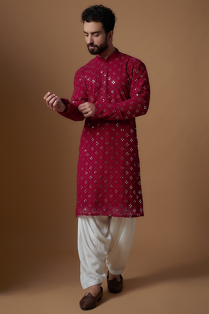Red Silk Mirror Embroidered Kurta Set by SVEN SUITS