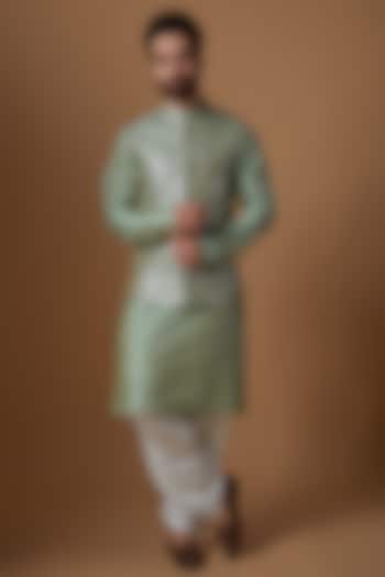 Sage Green Jacquard Embroidered Bundi Jacket Set by SVEN SUITS at Pernia's Pop Up Shop