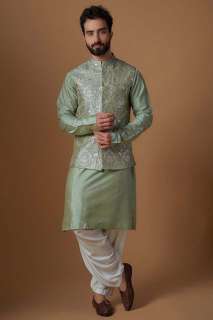 Sage Green Jacquard Embroidered Bundi Jacket Set by SVEN SUITS at Pernia's Pop Up Shop