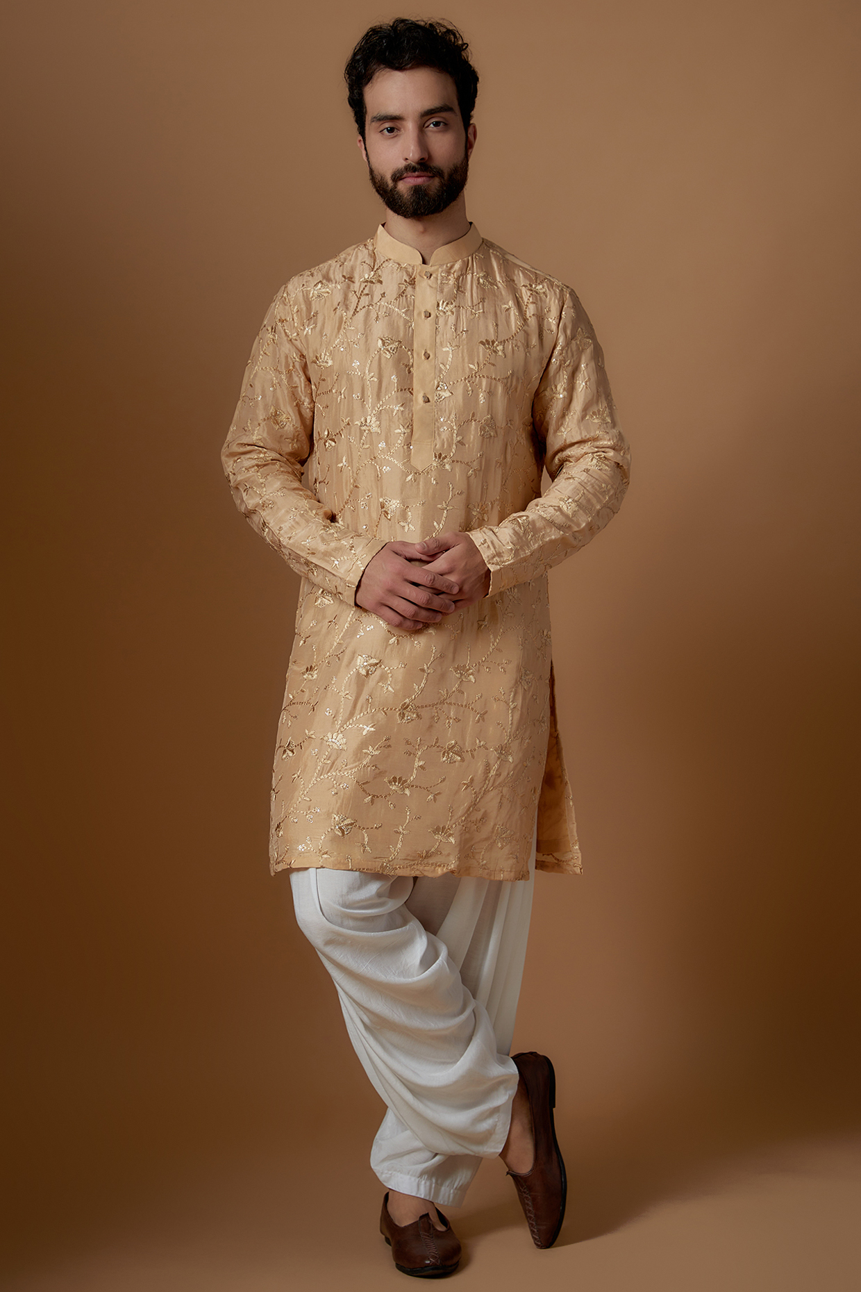 Beige Silk Embroidered Kurta Set by SVEN SUITS