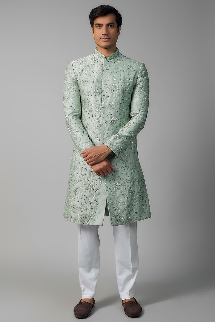 Pista Green Korean Silk Floral Jaal Embroidered Wedding Sherwani Set by SVEN SUITS at Pernia's Pop Up Shop