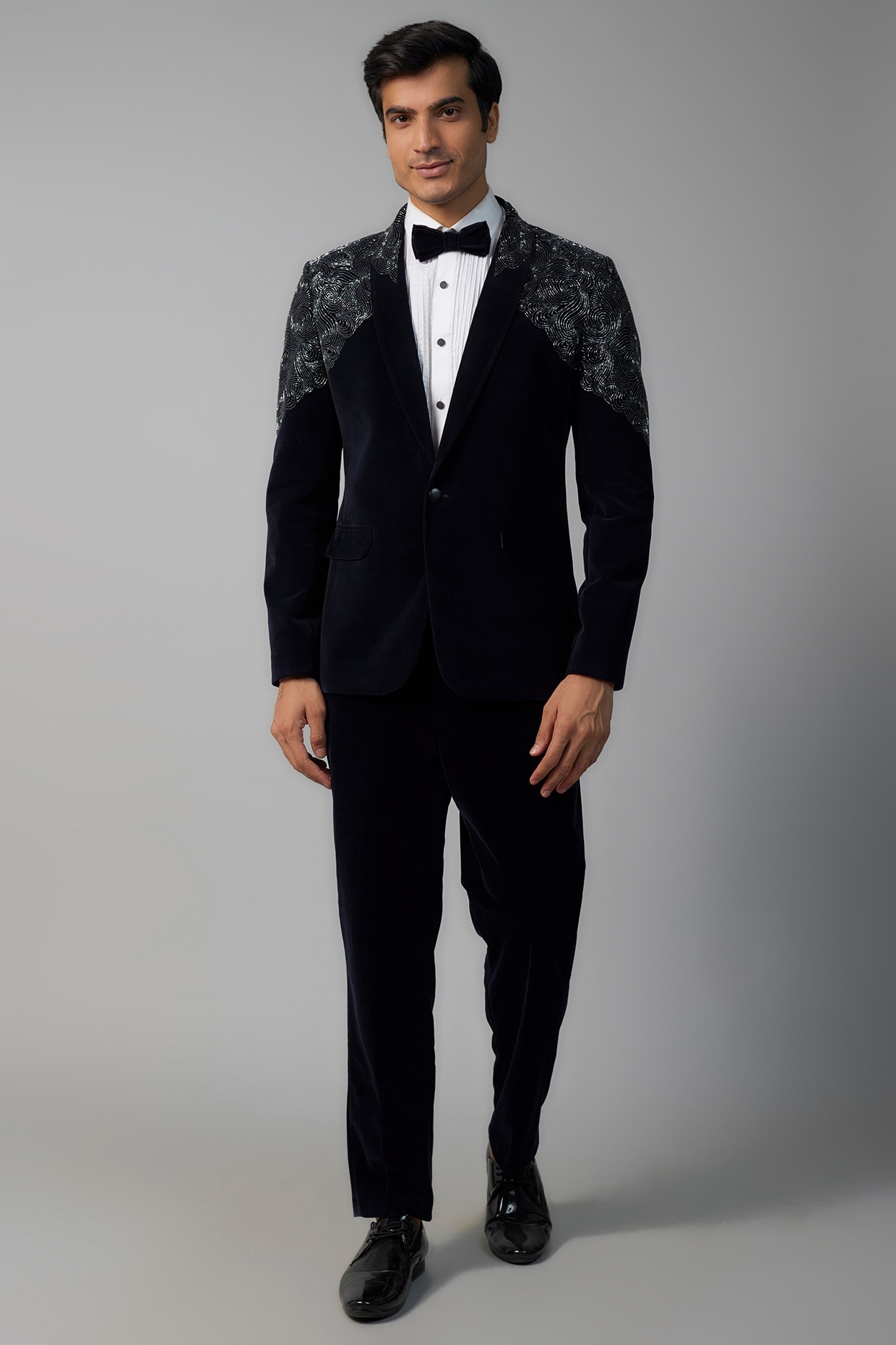 Blue Velvet Cutdana Embroidered Tuxedo Set by SVEN SUITS at