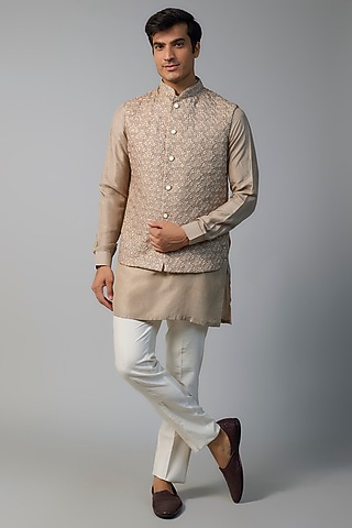 Rustic Bronze Faux Silk Cutdana Hand Embroidered Bundi Jacket Set by SVEN SUITS