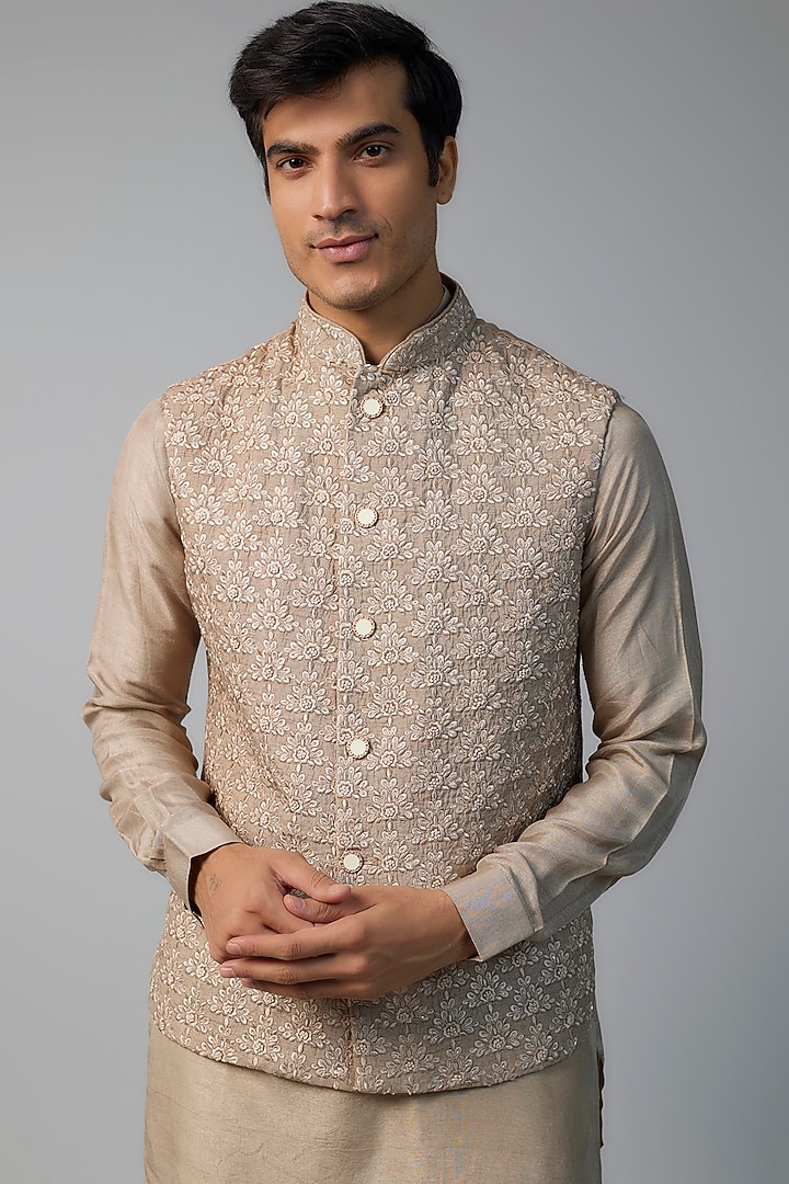 Rustic Bronze Faux Silk Cutdana Hand Embroidered Bundi Jacket Set by SVEN SUITS at Pernia's Pop Up Shop