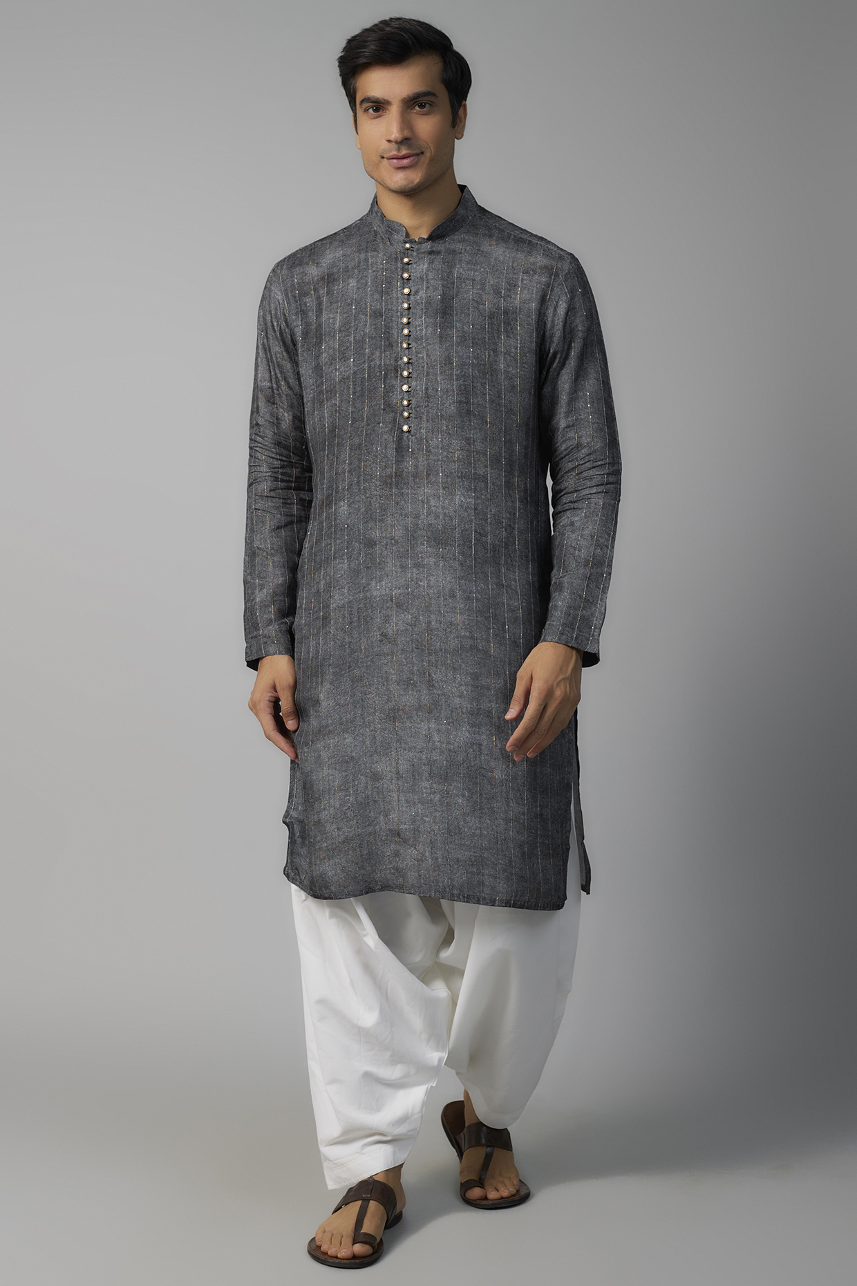 Grey Faux Silk Abstract Printed Kurta Set by SVEN SUITS at Pernia's Pop Up Shop