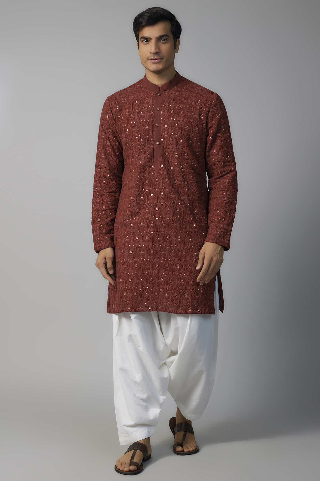 Wine Georgette Thread & Sequins Embroidered Kurta Set by SVEN SUITS at Pernia's Pop Up Shop
