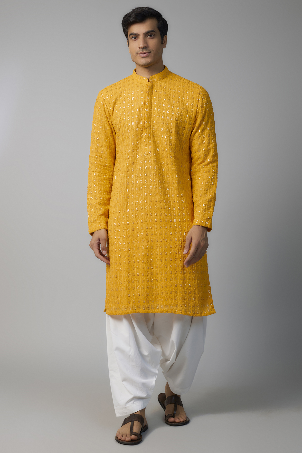 Yellow Georgette Sequins Embroidered Kurta Set by SVEN SUITS at Pernia's Pop Up Shop
