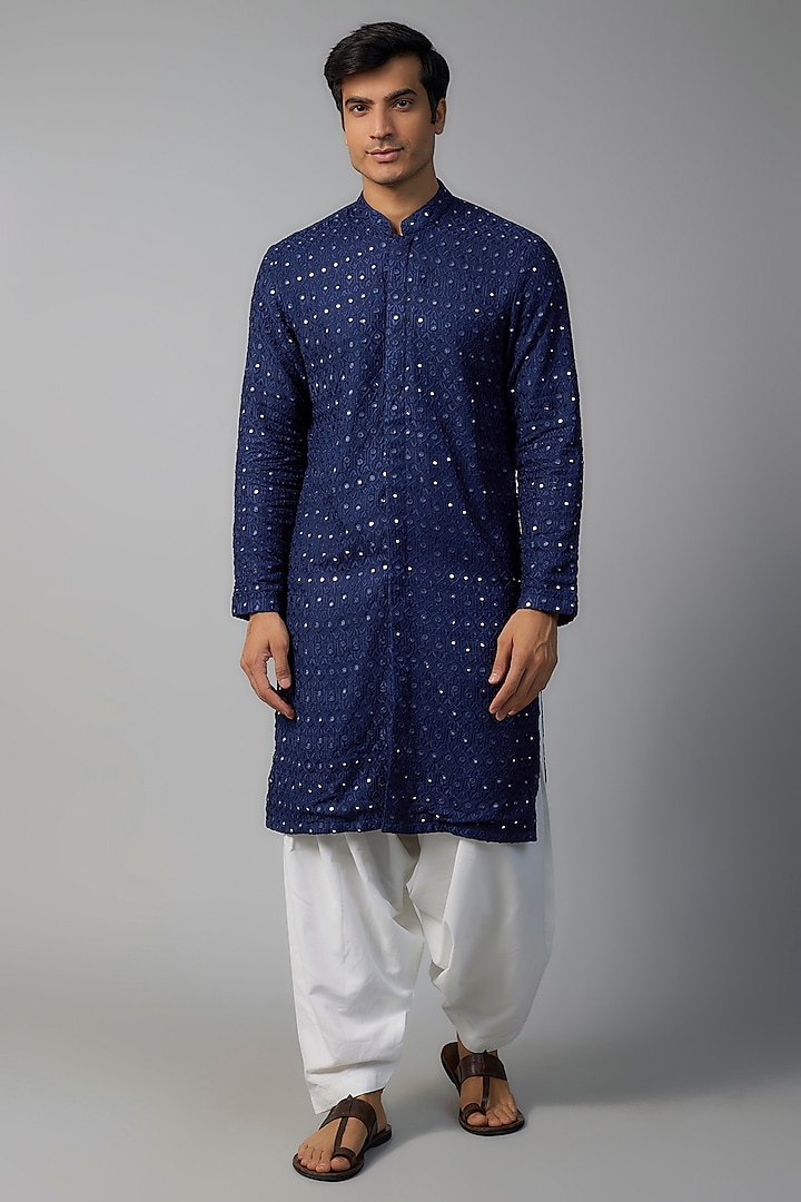 Navy Blue Georgette Mirror & Thread Embroidered Kurta Set by SVEN SUITS