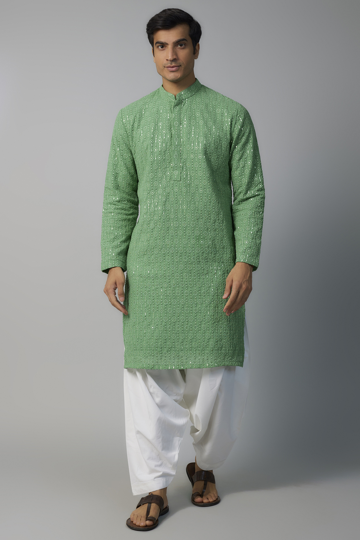 Green Georgette Sequins & Thread Embroidered Kurta Set by SVEN SUITS at Pernia's Pop Up Shop