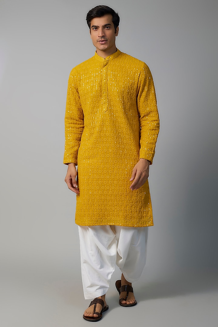 Mustard Yellow Georgette Sequins Embroidered Kurta Set by SVEN SUITS at Pernia's Pop Up Shop